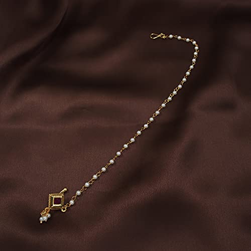 Ethnic Bridal Nose Ring without Piercing with Pearl Chain and Stone