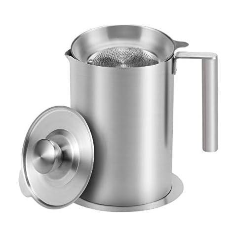 Sumerflos 1.8 L/1.9 Quart Stainless Steel Grease Strainer and Container - Large Oil Storage Pot Grease Keeper with Dust-Proof Lid & Easy Grip Handle - for Bacon, Kitchen Cooking or Frying Oil Cover