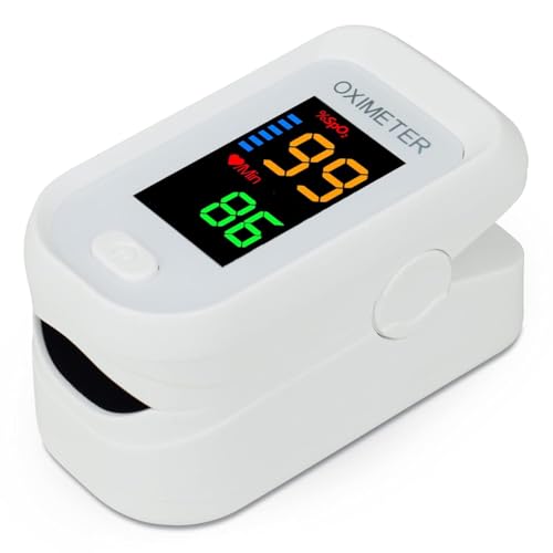 Oxímetro de Pulso Digital con Pantalla LED - Pulsioximetro de dedo - Medidor de Saturación de Oxígeno en Sangre y Frecuencia Cardíaca, Portátil con cordon de transporte, color Blanco