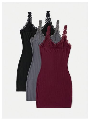 SOLY HUX Women's 3 Packs Nightgowns Soft Sexy Lace Trim Sleep Dress Chemise Pajamas Sleepwear Cami Mini Slip Dresses2