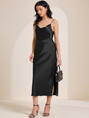 Allegra K Women's Satin Midi Skirt High Waist Elastic Waistband Split Casual A-Line Long Skirts 20252
