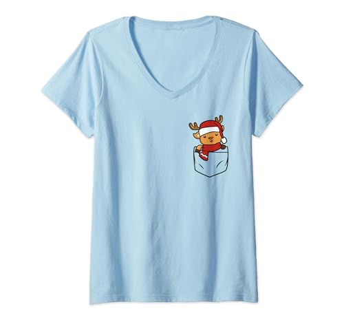 Ciervo en el bolsillo Gracioso Lindo Hombres Mujeres Niños Camiseta Cuello V