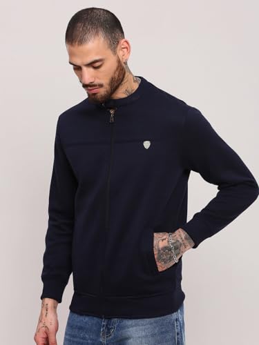 Image of SHOWOFFFF Men Solid Front-Open Sweatshirt | Mandarin Collar Full Sleeves Cotton Sweatshirt's for Mens | Slim Fit Regular Length Sweatshirts for Men's