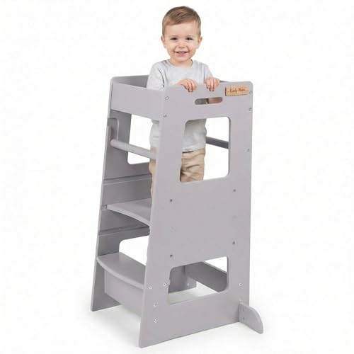 KiddyMoon Lernturm Für Kinder Ab 1 Jahr, Anti-Kipp-Schutz, 3-Fach Höhenverstellbar, Schutzbügel, Montessori Küchenhelfer, Grau