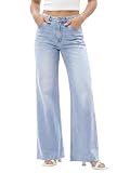 ONESO Women's High Waist Stretchy Wide Leg Jeans Basic Straight Denim Pants Raw Hem Underwear Trouser Lady Streetwear B-Light Blue