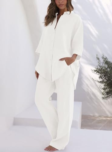 RAISECOM Women's 2 Piece Outfits Sets Button Down Half Sleeve Shirts and Long Pants Summer Casual Vacation Loungewear4