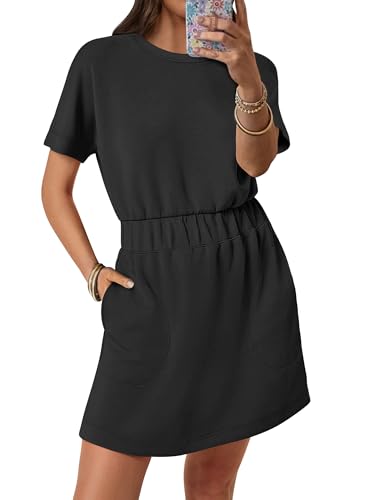 ANRABESS Womens Dresses 2025 Summer Casual Short Sleeve Crew Neck Elastic Waist Mini T Shirt Dress with Pockets