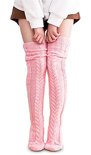 VARWANEO Women Cable Knit Thigh High Socks Over Knee High Long Extra Long Winter Knit Warm Thick Tall Long Boot Stockings Leg Warmers(Pink)