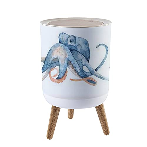 Image of Small Trash Can with Lid Watercolor Hand Drawn of Octopus in Blue Color Isolated on White Garbage Bin Wood Waste Bin Press Cover Round Wastebasket for Bathroom Bedroom Office Kitchen