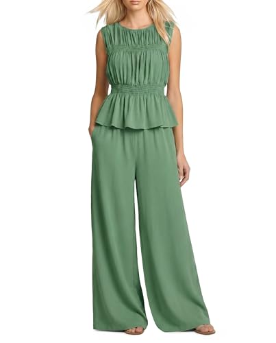 GERT COREL Women's Summer Wide Leg Pants Pockets 2 Piece Sets Boho Pleated Ruffle Sleeveless Top Lounge Outfits (Green, Medium)