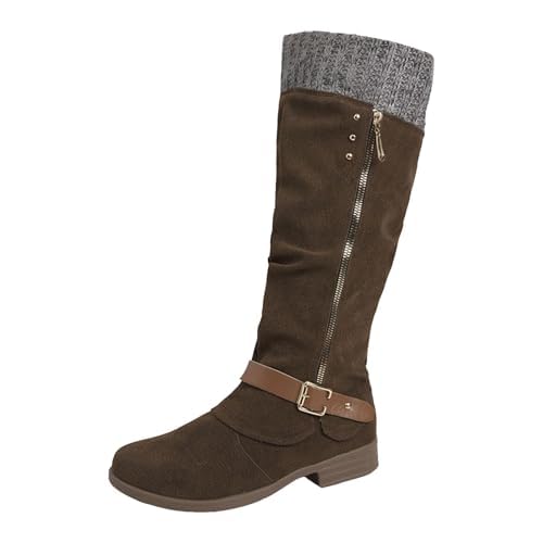 ZSpzx Women Riding Knee High Boots Slouchy Ruched Leather Knit Cuff Winter Motorcycle Booties Chunky Block Heels Buckle