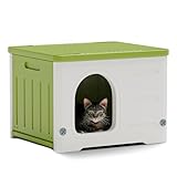 Plastic Cat House for Outdoor Indoor Use, Stackable Feral Cat Shelter Indoor Cat House Insulated Weatherproof Waterproof Elevated with Cat Scratching Board & Cushion (Green)