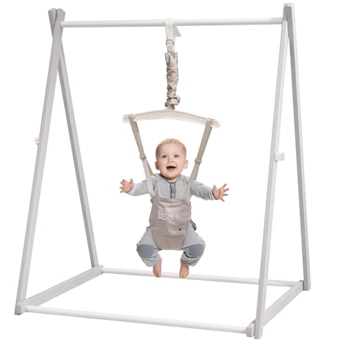 Image of FUNLIO Montessori Wooden Baby Jumper with Stand for 6-36 Months, Adjustable Baby Bouncer for Indoor /Outdoor Play, Foldable Toddler Jumper for Baby Girl /Boy, Easy to Assemble & Store - Grey