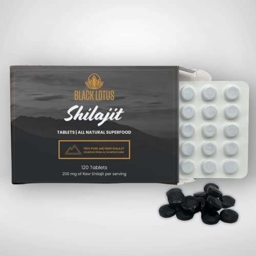 Black Lotus Pure Shilajit Tablets, Supplement for Energy, Immune Support & Focus, 85 Ionic Trace Minerals, Natural Fulvic Acid Complex, Humic Acid, Full Spectrum Vitamins & Amino Acids (120 ct – 24g)
