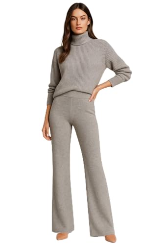JENNIE LIU Womens 100% Cashmere Mid Rise Bootcut Pants - Soft Casual Lounge Trousers with Elastic Waist (Grey, Medium)