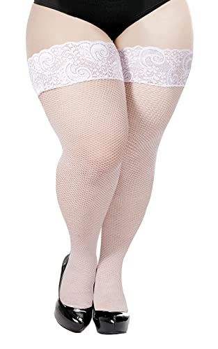 Image of Moon Wood Plus Size Fishnet Stockings Womens Sheer Silicone Lace Top Stay Up Lingerie Fishnets Thigh Highs Stockings