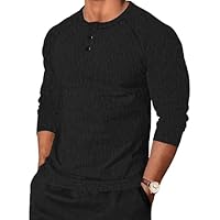 TARAINYA Henley T-Shirt Uomo Cotone Maglietta Manica Lunghe Estate Casual Coreana con Bottoni Regular Fit Nero L