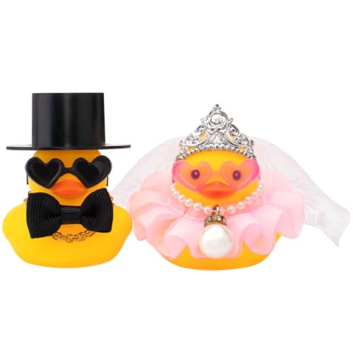 wonuu Pair Set of 2 Wedding Rubber Ducks, Bride Groom Duckies Marriage Rubber Duck Mini Couple Ducky for Ceremony Gift Souvenir Marry Blessings Elegant Heartwarming Present, Pink with Hard Top Hat