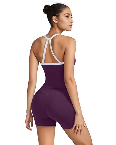 Image of SUUKSESS Women 2 Piece Workout Sets High Waisted Tummy Control Biker Shorts Halter Padded Tank Tops