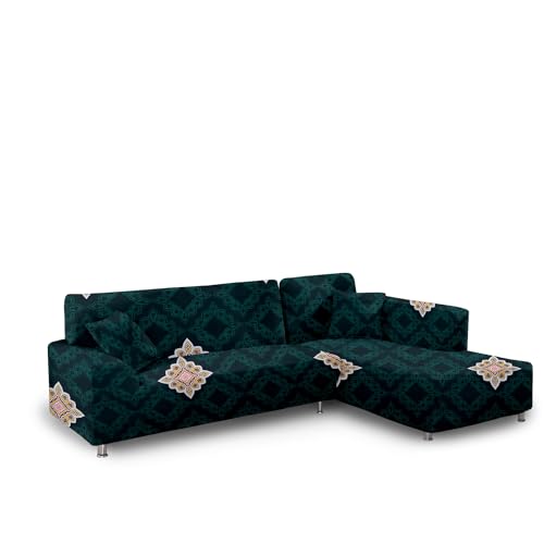 Image of Amazon Brand - Solimo L-Shaped Sofa Printed Slipcover | 2 Pieces Elastic Sofa Cover | High Density Stretch Fabric | Universal Fit (Green)