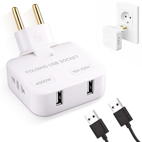 Multiprise Plate Derriere Meuble, Prise Plate avec 2 Prises USB C, Orientable à 180°, Adaptateur Europe vers USA, Prise Murale USB pour Derrière TV, Lit