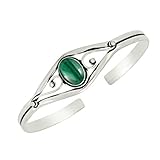 925 Silver Plated Natural Malachite Cuff Bangle Bracelet for Women – Handmade Open Bangle – Green Gemstone April Birthstone Statement Jewelry – Gift for Her