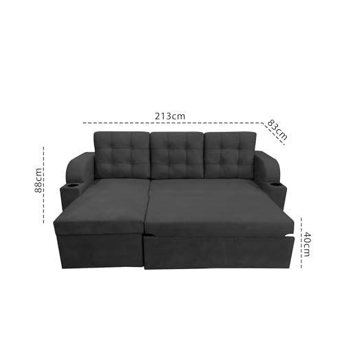 Image of Casaliving Grance LHS 4 Seater Corner Sofa Cum Bed for Living Room (Black Fabric) Premium Fabric Sofa