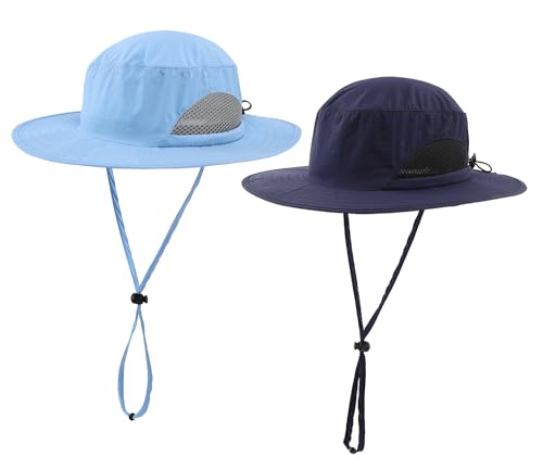 LLmoway 2Pack Kids Wide Brim Sun Hat UPF50+ Breathable Fishing Hiking Hat Quick Dry Boys Girls Summer Beach Hats with Strap, Aqua Blue/Navy Blue-2pack, Large