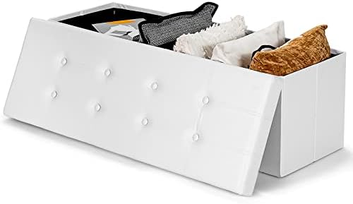 Giantex 45" Folding Storage Ottoman Bench, Storage Chest to Support 660lbs, 165L Storage Trunk Footrest Padded Seat Coffee Table for Bedroom Hallway, Faux Leather, White