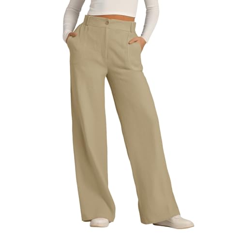 Women's Linen Pants Wide Leg Dressy Business Casual High Waisted Button Trousers Solid Palazzo Pants with Pockets
