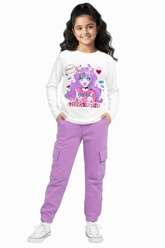 Image of Trampoline Girls White T-Shirt & Purple Cargo Set | Cotton Blend | 4 Pocket Cargo Pants | Trendy Casual Outfit