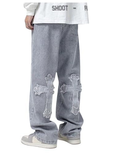 Men's Vintage Cross Patch Baggy Jeans High Waisted Wide Leg Denim Pants with Pockets