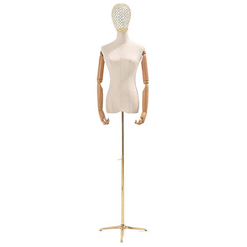 UWYTGF Female Half Mannequin Torso Manikin Dress Form,with Wooden Arms & Gold Metal Tripod Stand,Adjustable Stand Female Form Dress Mannequin Torso Body,Black Iron Wire Head-M,Gold Iron Wire Head1,S