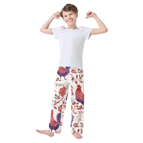 Rooster Rose Floral Boys Long Pants Soft Trousers Elastic Waist Kids Lounge Bottoms with Pockets S-XL3