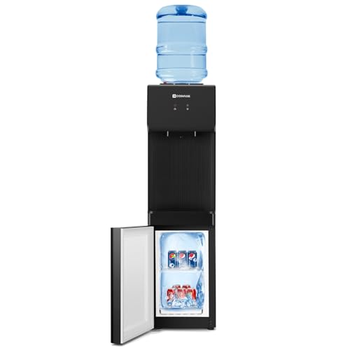 COSVALVE Water Cooler Dispenser, 5 Gallon Top Loading Hot/Cold Water Cooler w/Freezer Cabinet, Compression Refrigeration w/Child Safety Lock for Home Office, Apartment, Dorm