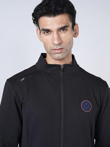 Image of TECHNOSPORT Men Solid Slim Fit Mock Neck Sports Jacket (Black) ELASTO PLUS 4-Way Stretch UPF50+ Polyester Full Zip Long Sleeve Jacket for Men Gym Running Workout Casual Athleisure