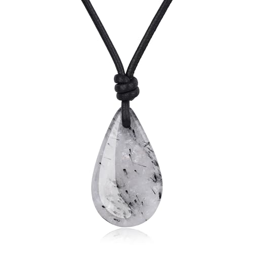 COAI Collier Goutte d'Eau Femme, Collier en Cuir, Pendentif Quartz Rutile Noir Femme