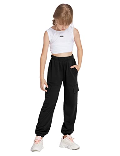 Arshiner Little Girl Sweatpants Comfort Soft High Waist Cargo Joggers Loose Pants With Pockets Black 9-10 Years #TOP6