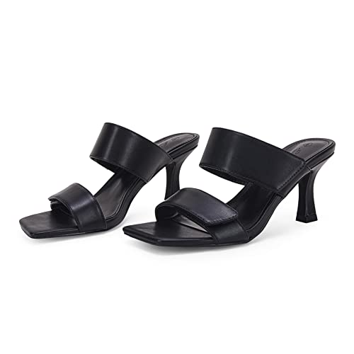 Ermonn Womens Two Strap Heeled Sandals Velcro Slip On Square Open Toe Stiletto Faux Leather Backless Mule Heels Slippers #TOP2