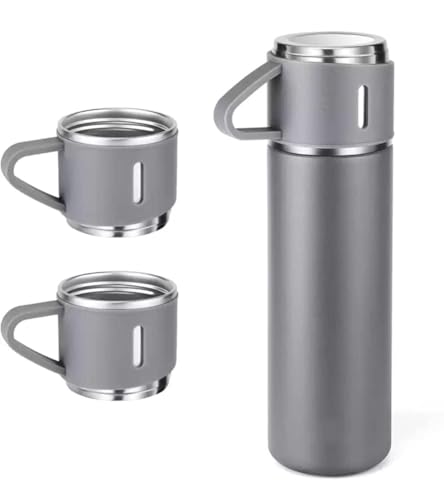 Image of Thermo Flask Vacuum Flask Set, Stainless Steel, 500ml, Insulated Double Wall, Hot and Cold Bottle with 3 Cups