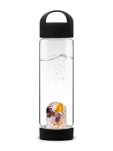 VitaJuwel ViA PRANA Black Botella de agua de yoga con amatista, madera petrificada, calcedonia, ámbar y cristal de roca para la atención plena, el equilibrio interior y la fuerza vital