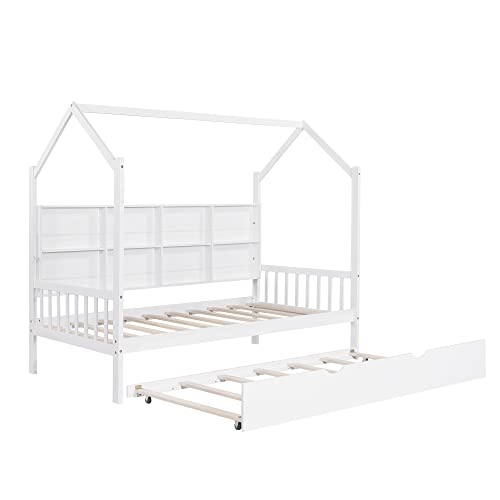Twin Size House Beds With Trundle And Storage Shelves For Kids Montessori Bed Wood Playhouse Tent Bed Frame For Girls Boys, White #TOP3