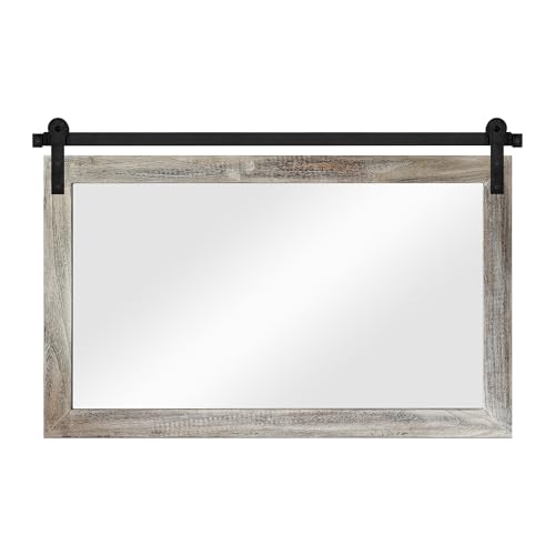 Image of COGOOD Farmhouse Barn Door Mirror - 41 inch x 26 inch Rustic Wood Framed Wall Mirror for Bathroom, Living Room, Entryway Wall Decor (Yellow White)