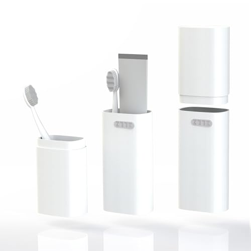 Image of HyJeryty Ventilated Compact White Toothbrush Travel Case, Portable Toothbrush & Toothpaste Holder Cover Organizer Container with Mouthwash Cup for School, Camping, Business Trip, Bathroom Storage