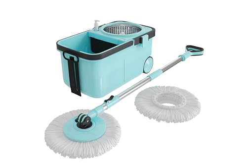 Image of BonKaso Rider 360 Spin Mop with Stainless Steel Wringer, Big Wheels & Adjustable Handle, Easy Floor Cleaning Mop Bucket Set with 2 Microfiber Refills - Sky Blue & Black