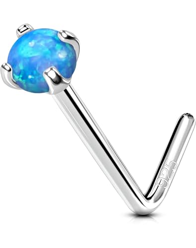 OUFER Blue Opal Nose Studs, 925 Sterling Silver Nose Rings, 20G Nostril Piercing Jewelry, Tiny Nose Rings Studs, 2mm Round Opal Nose Piercing Jewelry, Silver L-Shaped Nose Rings For Women Men-7mm