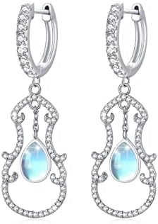 Violin Moonstone Earrings Musical Instrument Dangle Huggie Hoop Earrings for Women Girls 925 Sterling Silver Drop Earring with Cubic Zirconia Hypoallergenic Dainty Jewelry Mother's Day Graduation Gift
