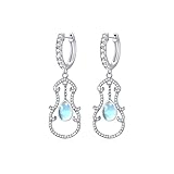 Violin Moonstone Earrings Musical Instrument Dangle Huggie Hoop Earrings for Women Girls 925 Sterlin