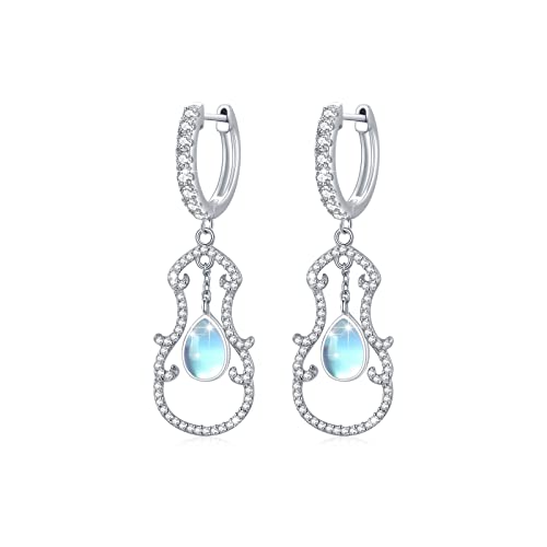 Violin Moonstone Earrings Musical Instrument Dangle Huggie Hoop Earrings For Women Girls 925 Sterling Silver Drop Earring With Cubic Zirconia Hypoallergenic Dainty Jewelry Mother's Day Graduation Gift #TOP8