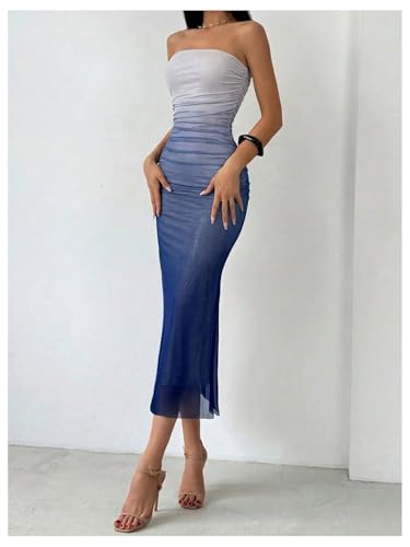 Image of GORGLITTER Women's Sunset Ombre Strapless Cocktail Bridal Shower Midi Dress | Orange Wedding Guest Dress, Mesh Tube Dress, Bridesmaid Dresses, Vacation Beach Sundresses,